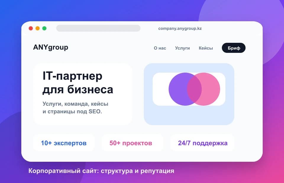 Пример корпоративного сайта с разделами услуг, команды и кейсов